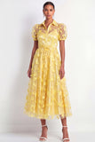 Yellow Floral Puff Sleeves A Line Long Formal Dress