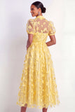 Yellow Floral Puff Sleeves A Line Long Formal Dress