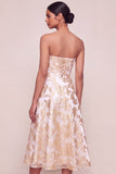 Champagne A Line Jacquard Floral Midi Wedding Guest Dress