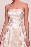 Champagne A Line Jacquard Floral Midi Wedding Guest Dress