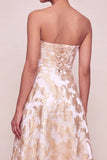Champagne A Line Jacquard Floral Midi Wedding Guest Dress
