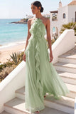 Lake Blue Maxi A Line Ruffled Criss Cross Back Wedding Guest Dress