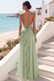 Lake Blue Maxi A Line Ruffled Criss Cross Back Wedding Guest Dress