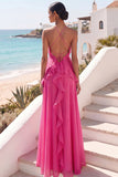 Lake Blue Maxi A Line Ruffled Criss Cross Back Wedding Guest Dress