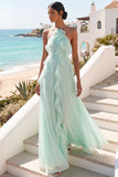 Lake Blue Maxi A Line Ruffled Criss Cross Back Wedding Guest Dress