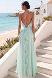Lake Blue Maxi A Line Wedding Guest Dress Halter Criss Cross Back Sleeveless Bridesmaid Dress