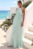 Lake Blue Maxi A Line Ruffled Criss Cross Back Wedding Guest Dress