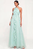 Lake Blue Maxi A Line Ruffled Criss Cross Back Wedding Guest Dress