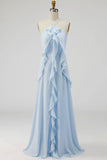 Lake Blue Maxi A Line Ruffled Criss Cross Back Wedding Guest Dress