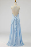 Lake Blue Maxi A Line Ruffled Criss Cross Back Wedding Guest Dress