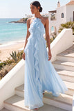Lake Blue Maxi A Line Ruffled Criss Cross Back Wedding Guest Dress