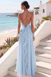 Lake Blue Maxi A Line Ruffled Criss Cross Back Wedding Guest Dress