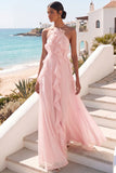 Lake Blue Maxi A Line Ruffled Criss Cross Back Wedding Guest Dress