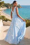 A Line Light Blue Floral Appliqued Maxi Bridesmaid Dress