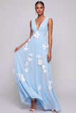 A Line Light Blue Floral Appliqued Maxi Bridesmaid Dress