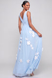A Line Light Blue Floral Appliqued Maxi Bridesmaid Dress