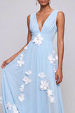 A Line Light Blue Floral Appliqued Maxi Bridesmaid Dress