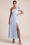 Light Blue A Line One Shoulder Ruched Long Bridesmaid Dress with Slit