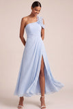 Light Blue A Line One Shoulder Ruched Long Bridesmaid Dress with Slit