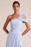 Light Blue A Line One Shoulder Ruched Long Bridesmaid Dress with Slit