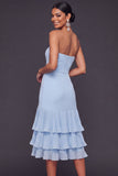 Light Blue Strapless Midi Tiered A Line Bridesmaid Dress