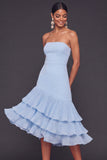 Light Blue Strapless Midi Tiered A Line Bridesmaid Dress