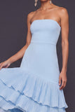 Light Blue Strapless Midi Tiered A Line Bridesmaid Dress