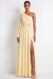 One Shoulder Light Yellow Pleated A Line Long Bridesmaid Dress with Slit