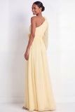 One Shoulder Light Yellow Pleated A Line Long Bridesmaid Dress with Slit