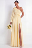 One Shoulder Light Yellow Pleated A Line Long Bridesmaid Dress with Slit