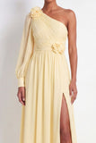 One Shoulder Light Yellow Pleated A Line Long Bridesmaid Dress with Slit
