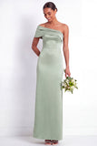 Dusty Sage Mermaid Satin One Shoulder Long Bridesmaid Dress with Back Slit
