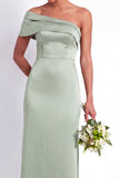 Dusty Sage Mermaid Satin One Shoulder Long Bridesmaid Dress with Back Slit
