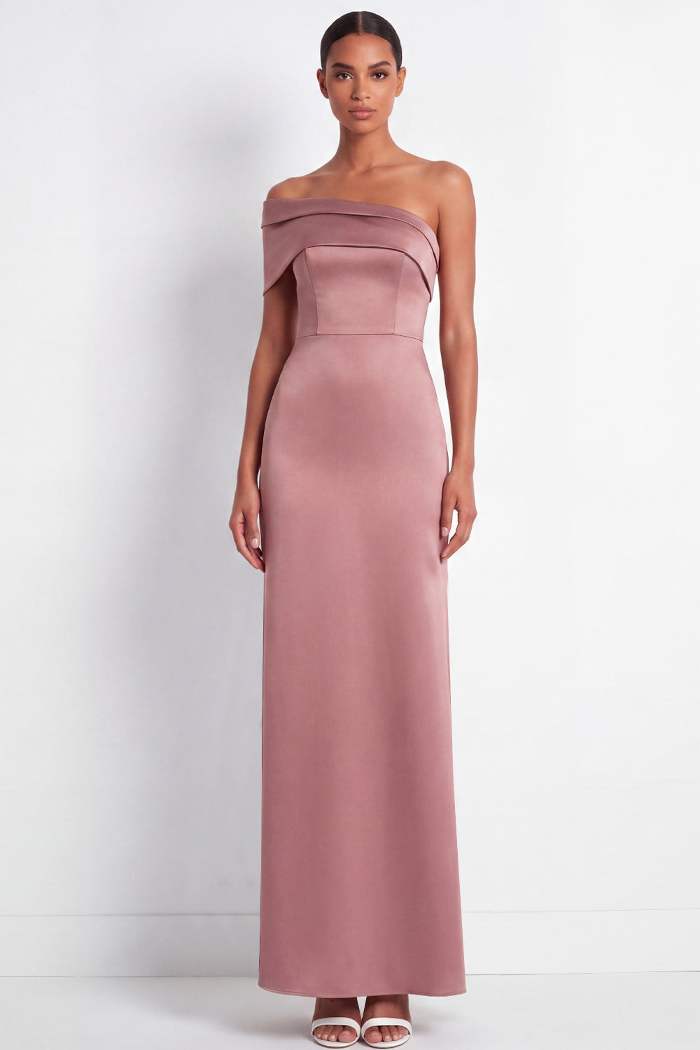 Dusty Sage Mermaid Satin One Shoulder Long Bridesmaid Dress with Back Slit