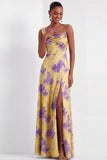 Yellow Floral A Line One Shoulder Long Bridesmaid Dress with Slit