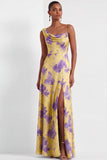 Yellow Floral A Line One Shoulder Long Bridesmaid Dress with Slit