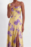 Yellow Floral A Line One Shoulder Long Bridesmaid Dress with Slit