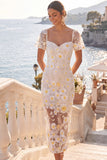 Floral Appliqued White Sheath Midi Engagement Dress