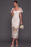 Floral Appliqued White Sheath Midi Engagement Dress