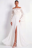 White Off the Shoulder Lace A Line Long Beach Wedding Dress with Slit
