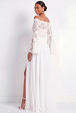 White Off the Shoulder Lace A Line Long Beach Wedding Dress with Slit