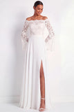 White Off the Shoulder Lace A Line Long Beach Wedding Dress with Slit