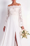 White Off the Shoulder Lace A Line Long Beach Wedding Dress with Slit