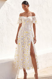 White A Line Floral Maxi Wedding Reception Dress with Sleeves