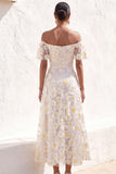 White A Line Floral Maxi Wedding Reception Dress with Sleeves