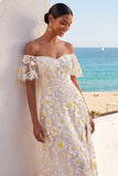 White A Line Floral Maxi Wedding Reception Dress with Sleeves