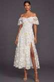 White A Line Floral Maxi Wedding Reception Dress with Sleeves