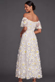 White A Line Floral Maxi Wedding Reception Dress with Sleeves