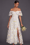 White A Line Floral Maxi Wedding Reception Dress with Sleeves