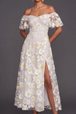 White A Line Floral Maxi Wedding Reception Dress with Sleeves